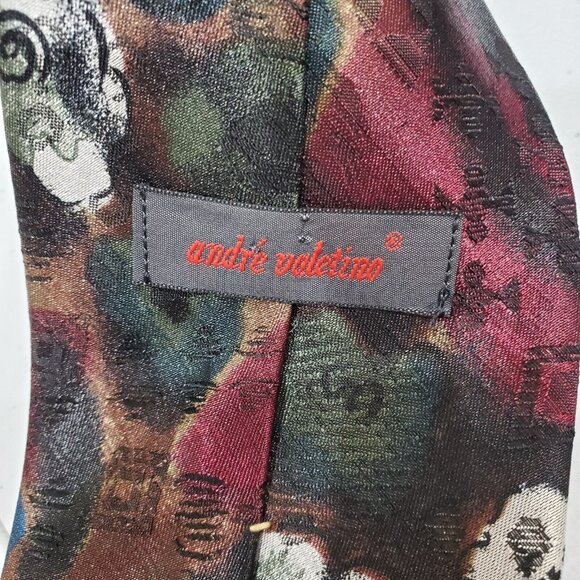 Andre Valetino Mens Dress Tie Burgundy Green Geometric Print Made in USA - Picture 2 of 5